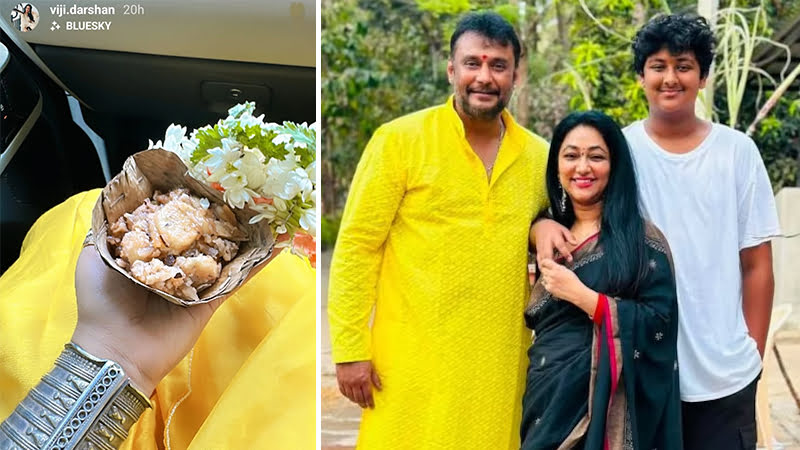 Vijayalakshmi holds flowers and prasadam of Chamundeshwari