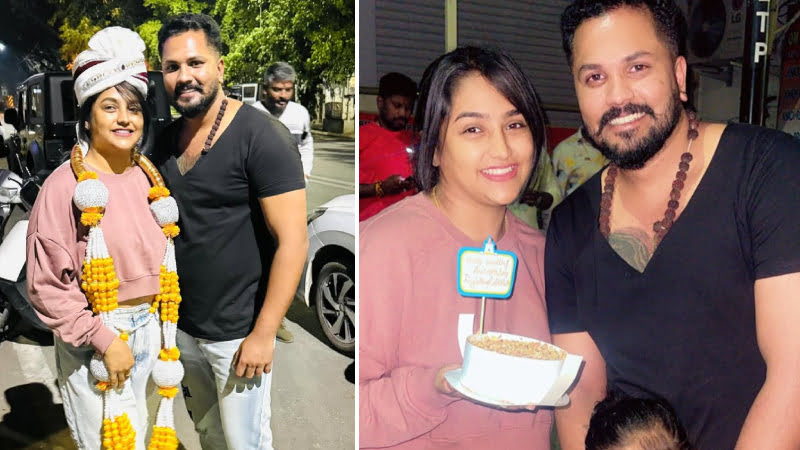 Rajat Kishan and Akshita cut cake on the road