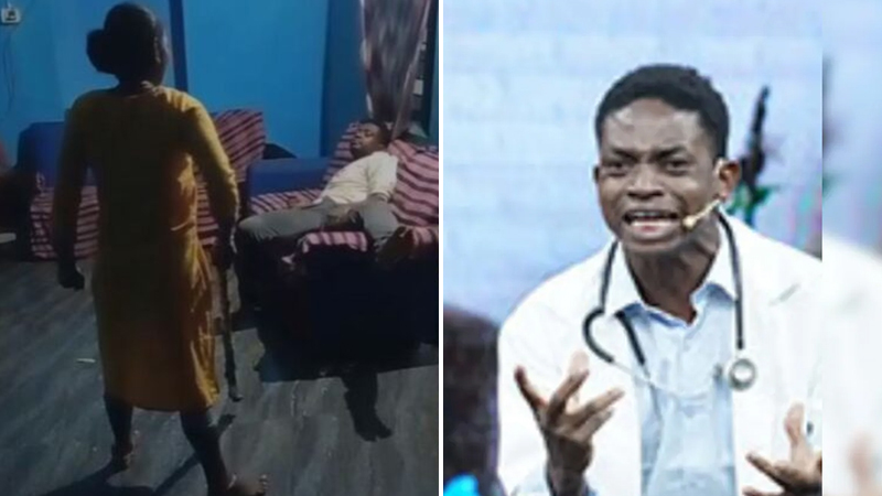 A video of his wife assaulting him with a wooden broom has emerged